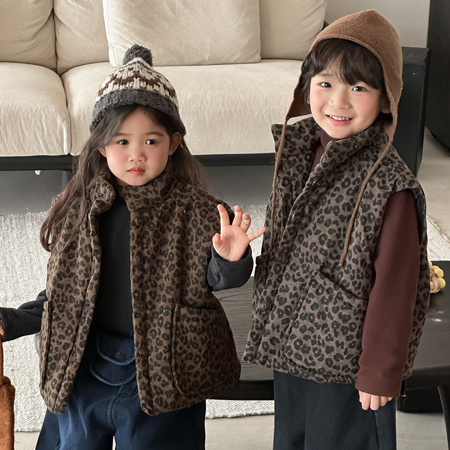 Toddler Boy Winter Fleece Jacket - Crianças leopardo impressão acolchoado colete inverno