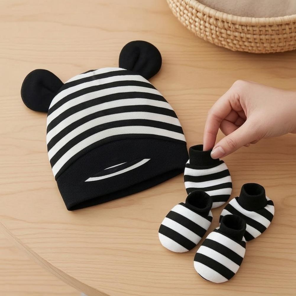 Infant Beanie Hat With Ears - Luvas Anti-Riscos para Recém-Nascidos, Conjunto de