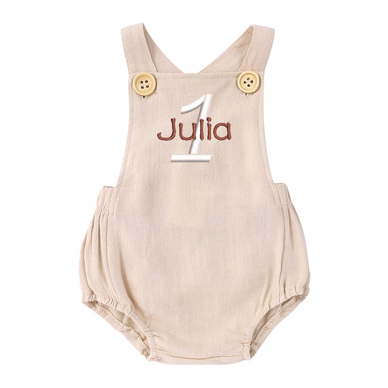 Nome bordado 1o aniversário ma - Baby Summer Linen Sleeveless Jumpsuit avaliação e preço
